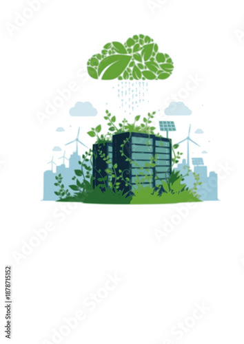 Sustainable Data Center Silhouette, Eco Friendly Green Technology Server Rack with Plants, Environmental Cloud Computing Concept Vector Illustration