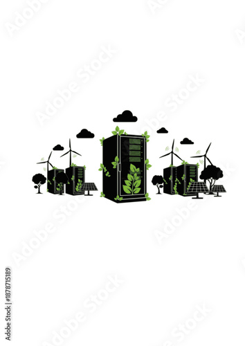 Sustainable Data Center Silhouette, Eco Friendly Green Technology Server Rack with Plants, Environmental Cloud Computing Concept Vector Illustration