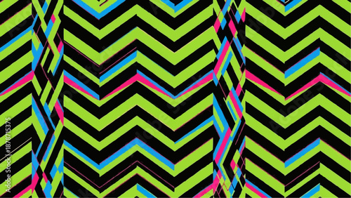 A vibrant and dynamic pattern featuring bold zigzag lines in neon colors against a dark background