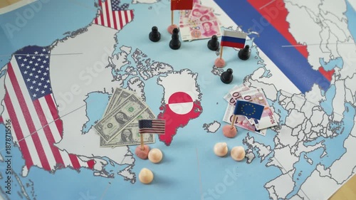 Political and economic dispute over Greenland's sovereignty with the flags of the USA, European Union, China and Russia with chess pawns and currencies on a map of the Arctic region