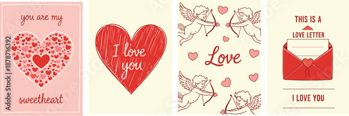 Set of Romantic Valentine’s Day Greeting Cards with Hearts, Cupids, and Love Letters, Hand Drawn Red and Pink Holiday Illustrations, cad drawing flat vector illustration