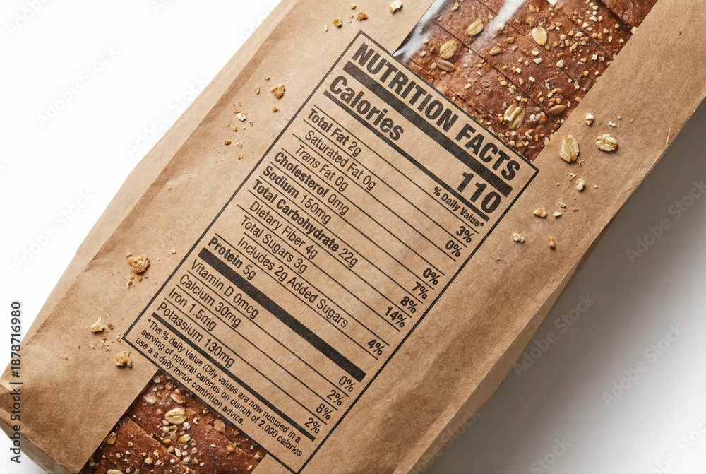 Naklejka premium Close-up of a standard nutrition facts label on a brown paper bag of sliced multi-grain bread.