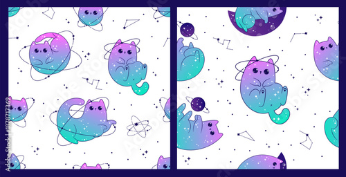 Seamless pattern with cute cats space celestial with stars and planets. Fantasy magical kawaii vector.  Mystical nursery kitten for textile, paper,  fabric, background