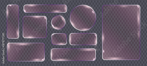 Abstract violet glassmorphism interface elements with transparent glossy effect. Modern UI assets for apps, websites, presentations and digital backgrounds.
