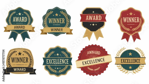 A collection of decorative award ribbons and badges in various designs signifying recognition and achievement presented visually