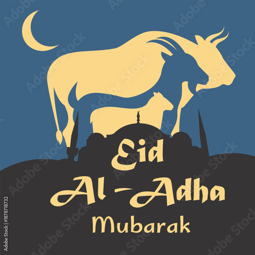 Eid Al Adha Mubarak vertical greeting card with bull, goat and sheep silhouettes over mosque skyline