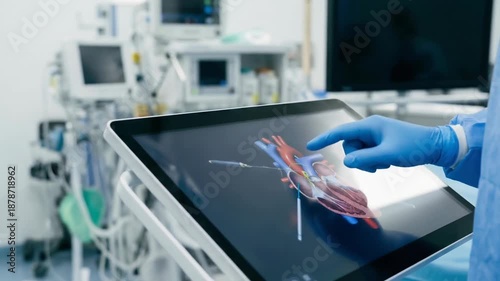 Modern surgery technology robotic telesurgery touchscreen display with virtual heart anatomy advanced medical touchscreen monitor for precision