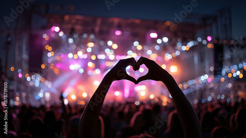 Close-up of a viewer's hands folded in the shape of a heart against the backdrop of a concert stage with bright pink light and smoke; a music festival, emotions, unity, and love for music.