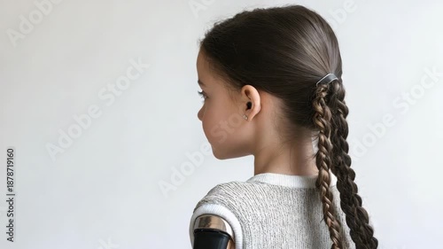 A young girl with braided hair is looking to the side. She has a prosthetic arm. The background is plain and does not distract from the subject.