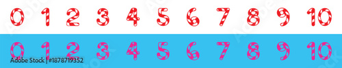 Colorful Candy Cane Striped Numbers Set 0-10 for Christmas and Birthday Party.