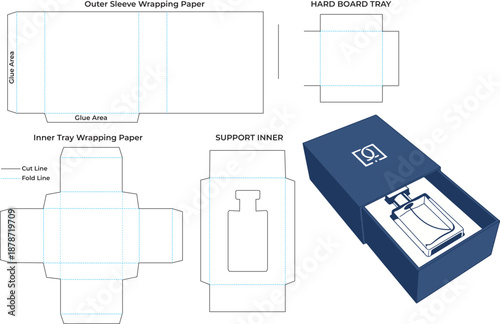 Luxury Rigid Perfume Box Die Line | Drawer Style Sleeve Packaging Template
Rigid Sleeve box die cut mock up template vector