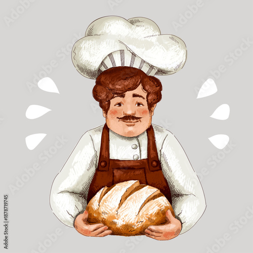Baker in white tunic, apron and white hat, holding bread in his hands. Imitation of pastels, hand-drawn.