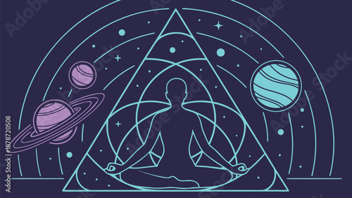 Meditating person in lotus position surrounded by celestial bodies and geometric shapes in space