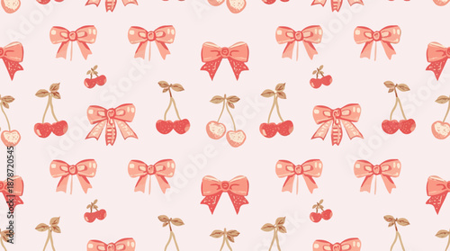 Vector template featuring coquette cherry and bow seamless pattern with cute ribbon and vintage girly aesthetic, pastel colors and soft textures