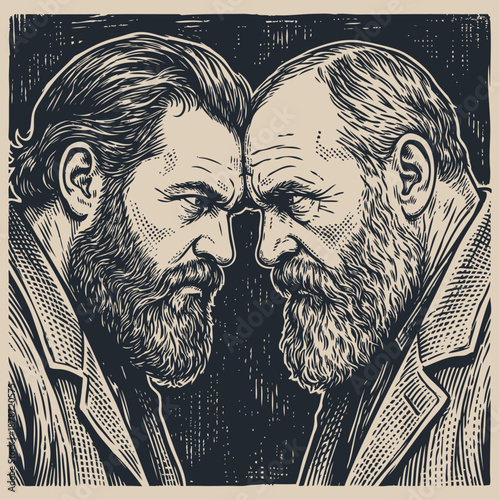 Vector illustration of two bearded men in a tense face-off. A conflict or rivalry concept drawn in a detailed, vintage hand-drawn engraving style.