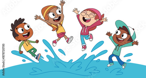 Happy kids jumping in puddle on rainy day with joyful expressions