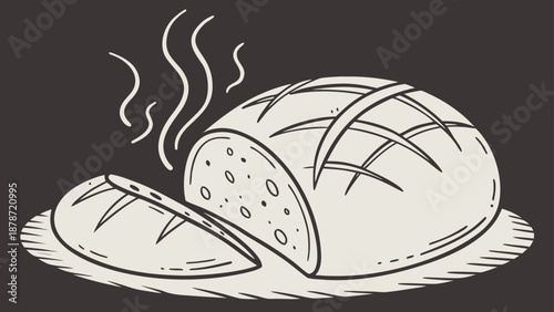 Steaming hot freshly baked bread on a plate, sliced and ready to eat