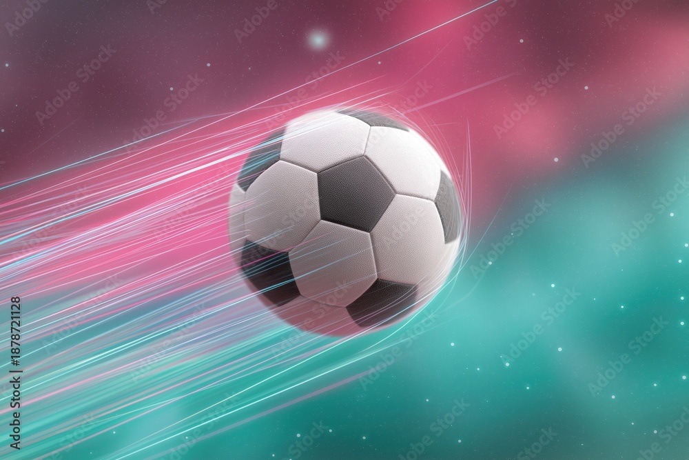 Naklejka premium Dynamic soccer ball in flight with vibrant pink and teal speed trails against a blurred, starry background. Concept of sport, speed, game, competition, and futuristic movement