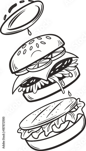 Disassembled sad burger with ingredients floating in air