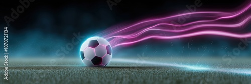 Dynamic soccer ball on a green field illuminated by vibrant pink and blue glowing light trails, depicting speed and energy in sport and competition