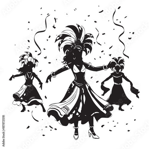 Silhouetted dancers performing a festive traditional group dance in elegant costumes and flowing skirts.
