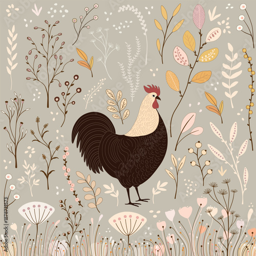 Pattern with isolated cartoon chicken and colorful abstract herbs on beige background