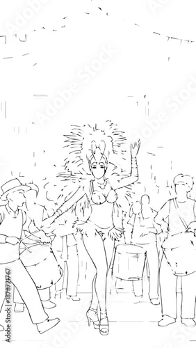 A lively group of people dancing and socializing at a festive gathering, captured as a dynamic lineart scene.