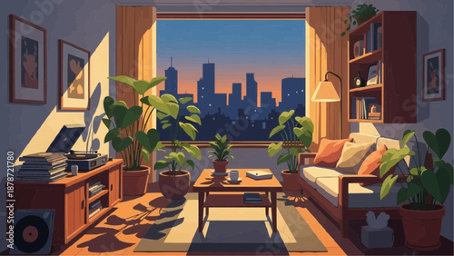 A cozy room interior features a window overlooking a softly lit cityscape at twilight plants and warm furnishings