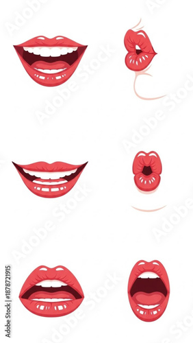 Various expressions of red lips in different positions and shapes  