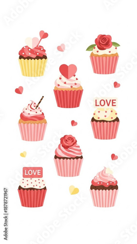 Colorful cupcakes with heart decorations for valentine's day  