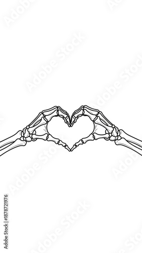 Skeleton hands forming a heart shape in black and white illustration  