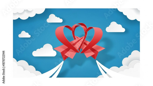 Two red hearts intertwined in clouds symbolizing love and valentine's day  