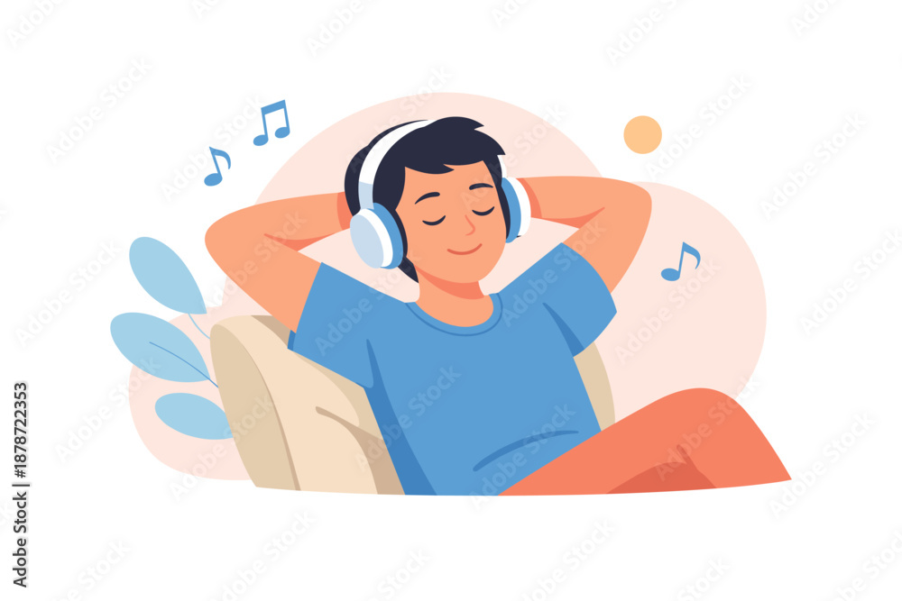Fototapeta premium Man listening to music with headphones on a couch