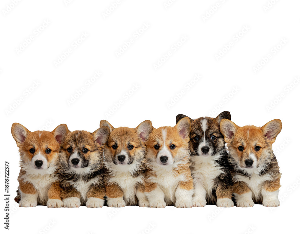 Obraz premium Group of six fluffy pembroke welsh cippet puppies sitting in a row against white background