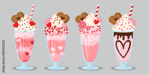 Romantic Valentine's Day Milkshake Set with Whipped Cream and Hearts