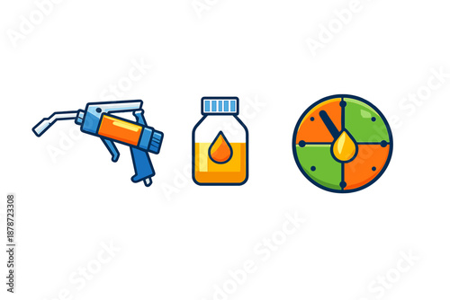 Set of three icons: caulk gun, bottle of liquid, and prize wheel