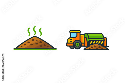 Pile of dirt with steam and garbage truck