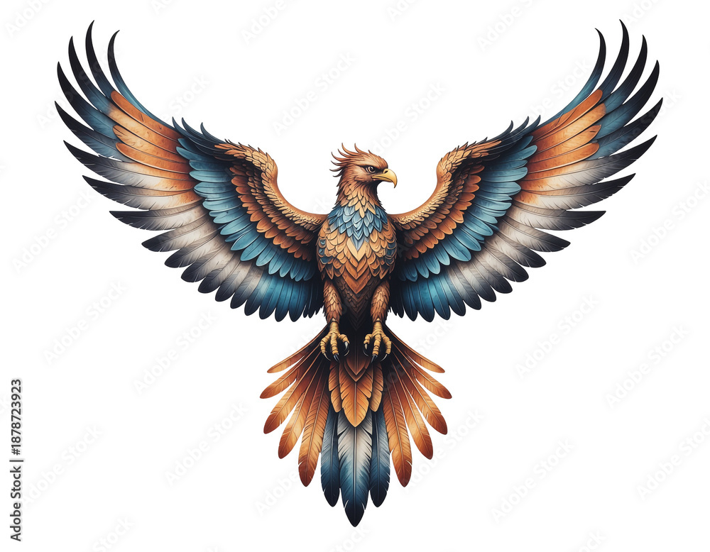 Obraz premium Colorful stylized phoenix with outstretched wings and fiery plumage in mid-flight