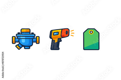 Set of three flat icons: pipe fitting, thermometer gun, and tag