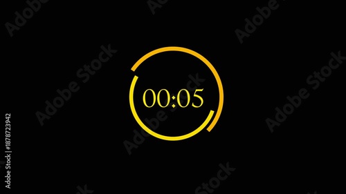 yellow Neon Circular 5 Seconds Countdown Timer Digital Clock Animation on Black Background.