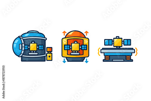 Stylized 3D render of space-themed technology icons
