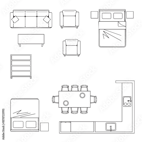 Comprehensive interior layout showing living area, dining space, bedroom, and kitchen zone in a single residence.