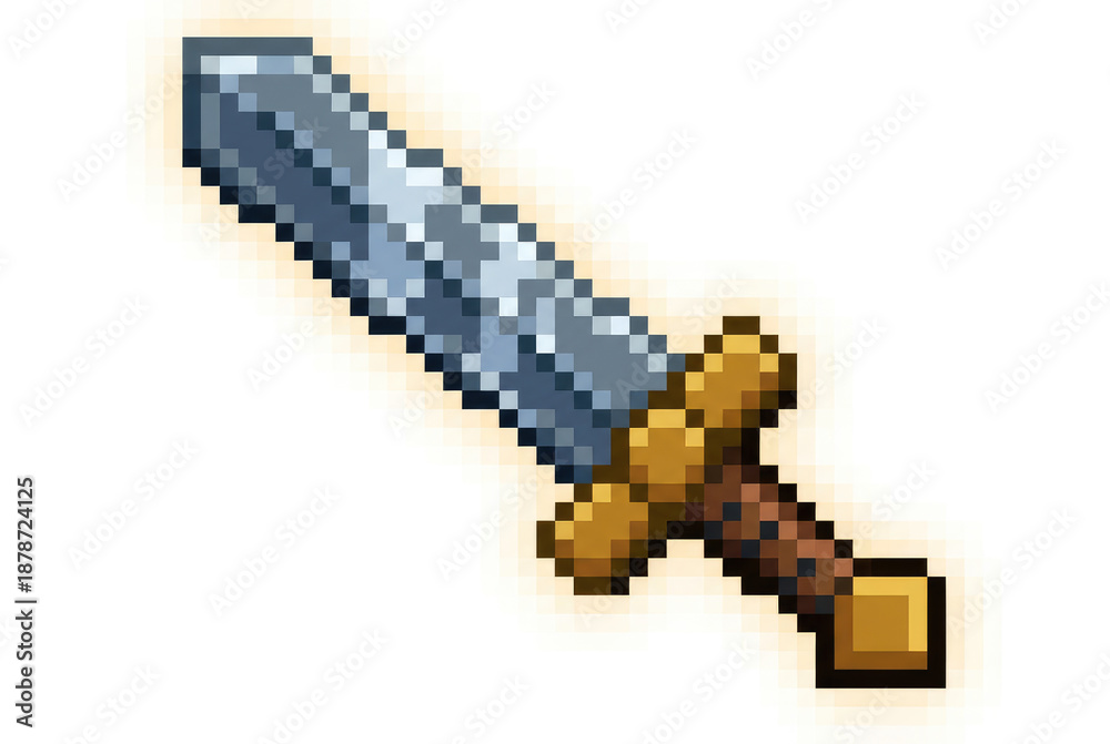 Obraz premium A pixelated sword with a silver blade and a golden hilt is displayed against a plain white backdrop in this digital image on white