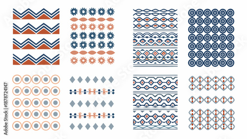 Collection of various geometric patterns and designs in orange blue and grey