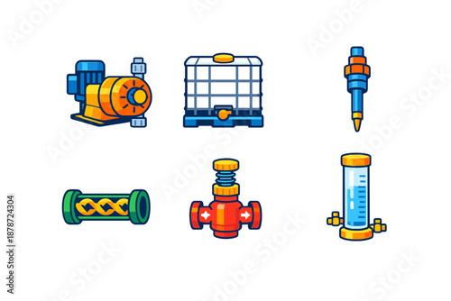 Set of flat icons representing industrial equipment