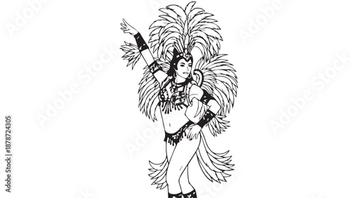 Traditional dancer in elaborate feathered costume and ornate headdress performing in ceremonial attire.