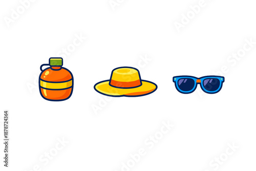 Summer accessories, water bottle, hat, and sunglasses