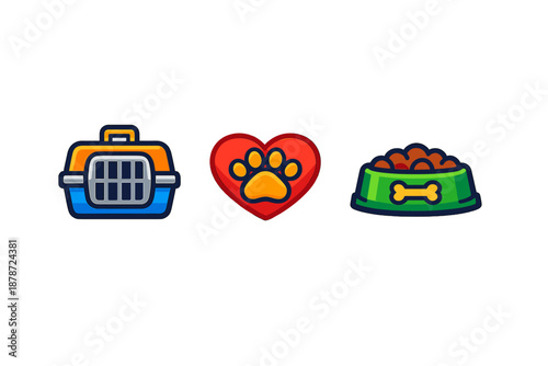 Pet care icons: carrier, heart with paw print, and food bowl