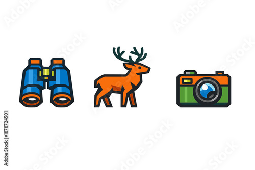 Icons of binoculars, deer, and camera on a gradient background