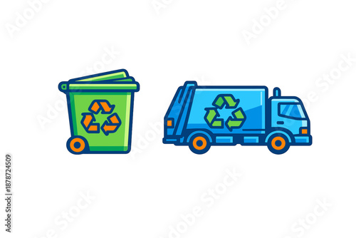 Green recycling bin and blue garbage truck with recycling symbol